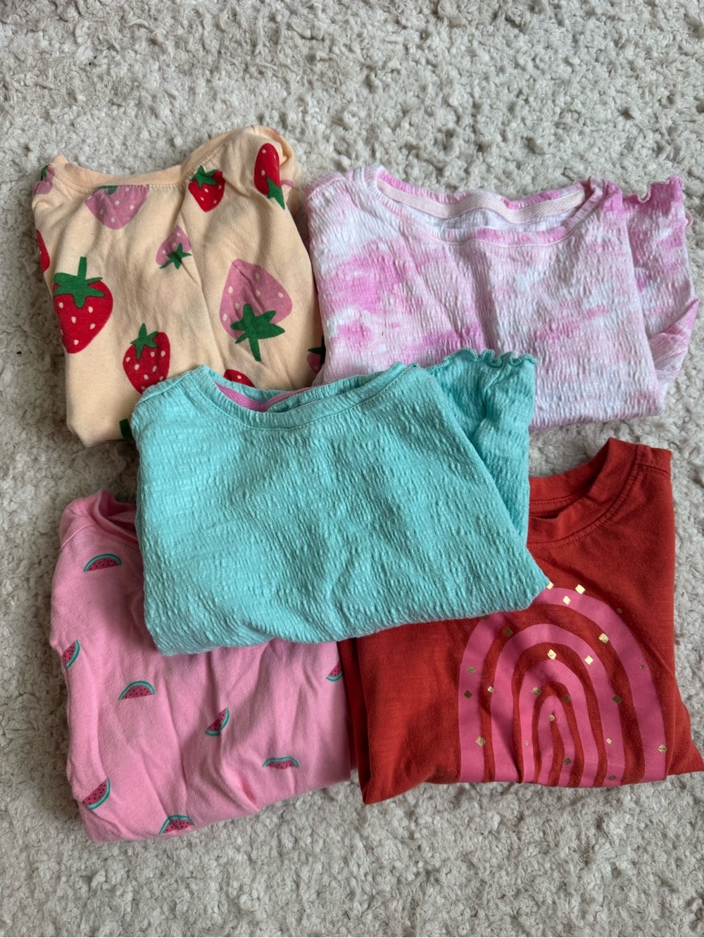 Girls Mixed Color Tee Bundle - Strawberry, Tie-Dye, Aqua, Pink, Red Rainbow